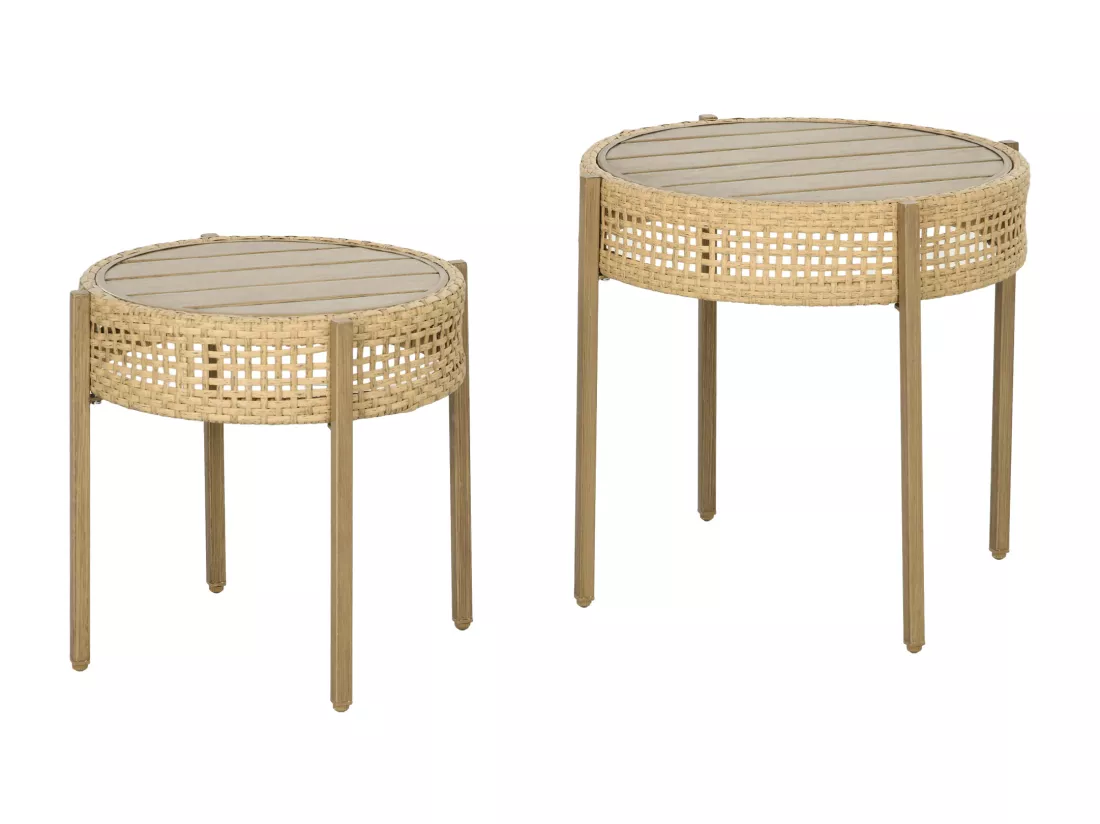 Lot de 2 tables gigognes de jardin style bohème chic PE aspect rotin métal effet bois