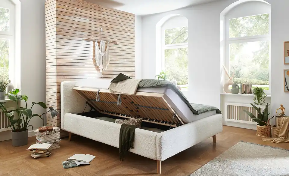 Polsterbettgestell Mattis Creme Teddy 140 cm mit Bettkasten