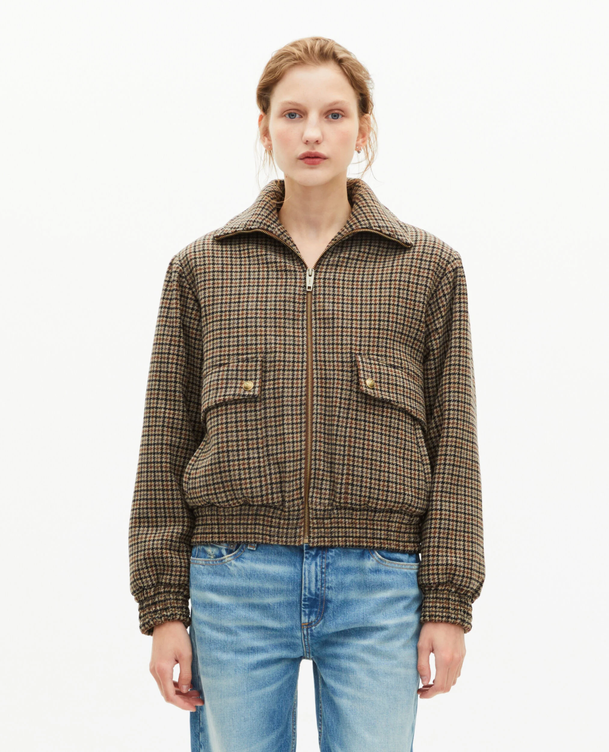 Blouson pied de poule en laine camel