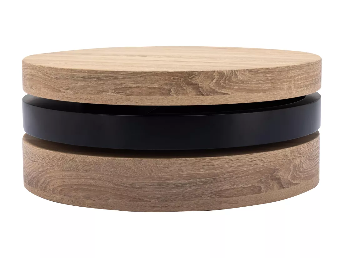 Table basse pivotante ronde avec 1 niche en MDF - Noir et naturel clair - JANITA