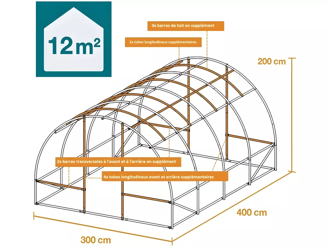 Serre tunnel de jardin 3x4m en aluminium stable Serre avec ancrage au sol Portes et fenêtres enroulables pour jardin