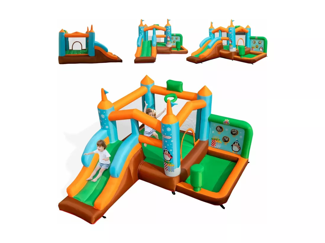 Château Gonflable avec Toboggan pour Enfants 3-12 Ans Thème Boisgouins, Aire de Jeux avec Panier de Basket-Ball Colonne de Boxe, 8 Piquets pour Cour Pelouse, Charge 90KG (sans Souffleur)
