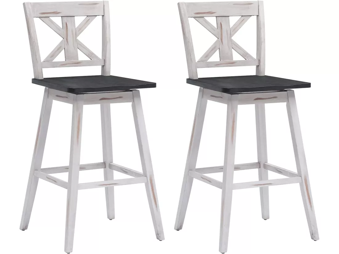 Lot de 2 tabourets de bar, chaise de bar pivotant à 360° en bois d'hévéa avec dossier et repose-pieds