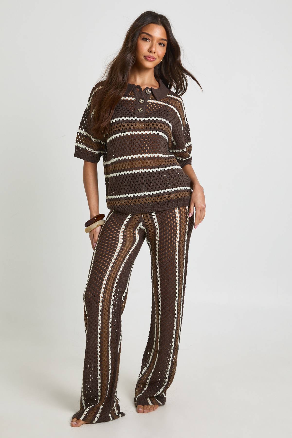 boohoo Ensemble Coordonné Chemise Boutonnée Et Pantalon Large À Rayures En Crochet Pour La Plage