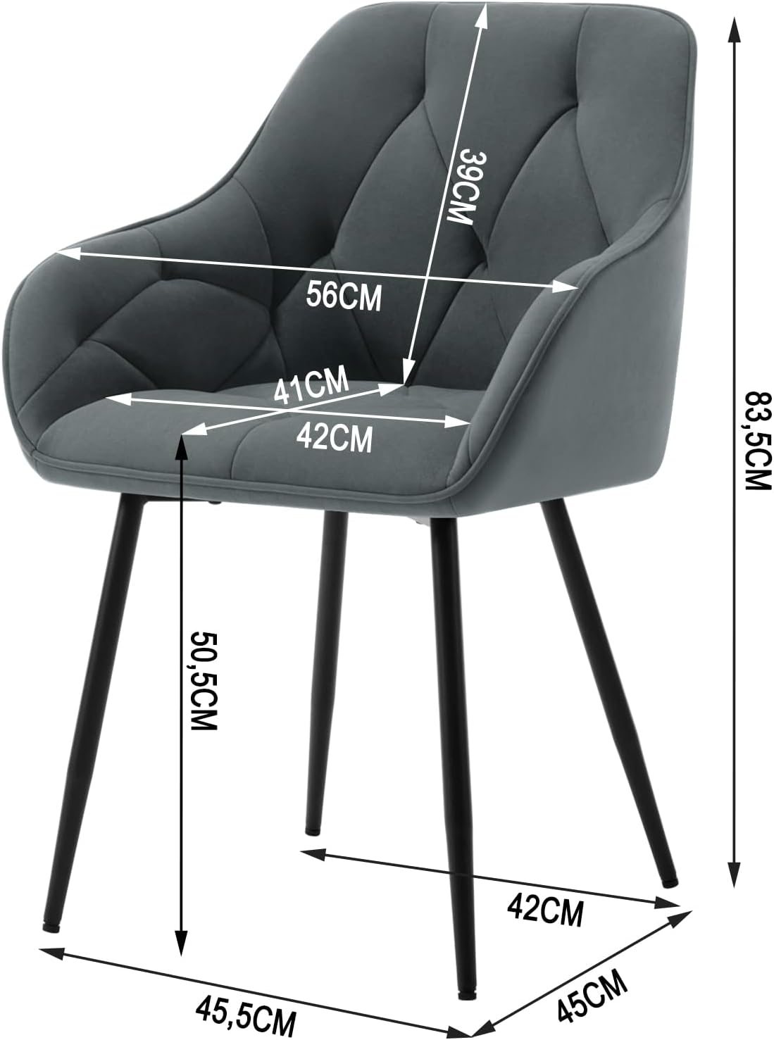 WOLTU Esszimmerstühle 2er Set, für Esszimmer Wohnzimmer, ergonomische Küchenstühle gepolstert mit Armlehnen, Metallbeinen, Sitzfläche aus Samt, Dunkelgrau