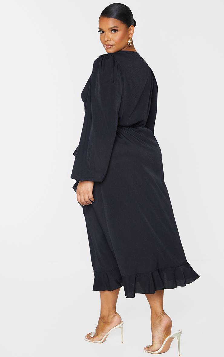 Noir Robe Midi Portefeuille À Volants Grande Taille