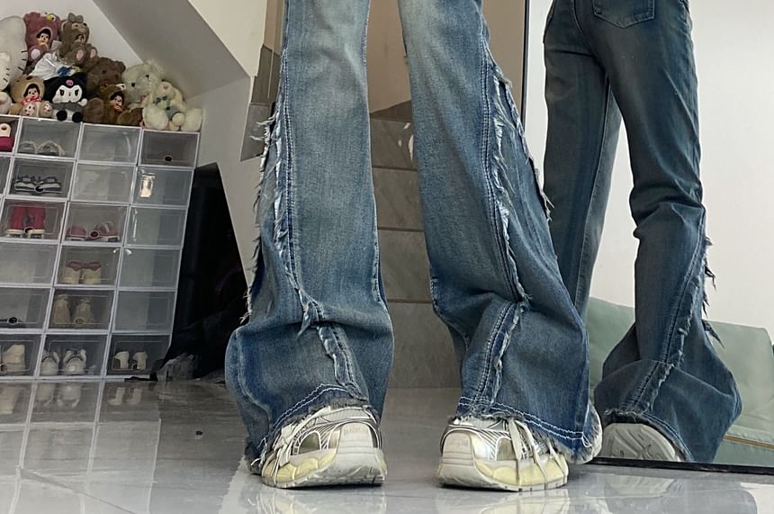 2DAWGS - Mid Waist Fringed Washed Bootcut Jeans