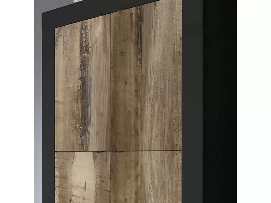 OTELLO - Rangement 4 Portes Finition Noir Mat et Aspect Bois Antik