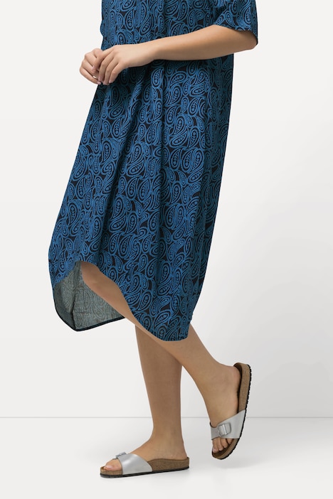 Kleid, Leinenmix, Bogensaum, V-Ausschnitt, Halbarm