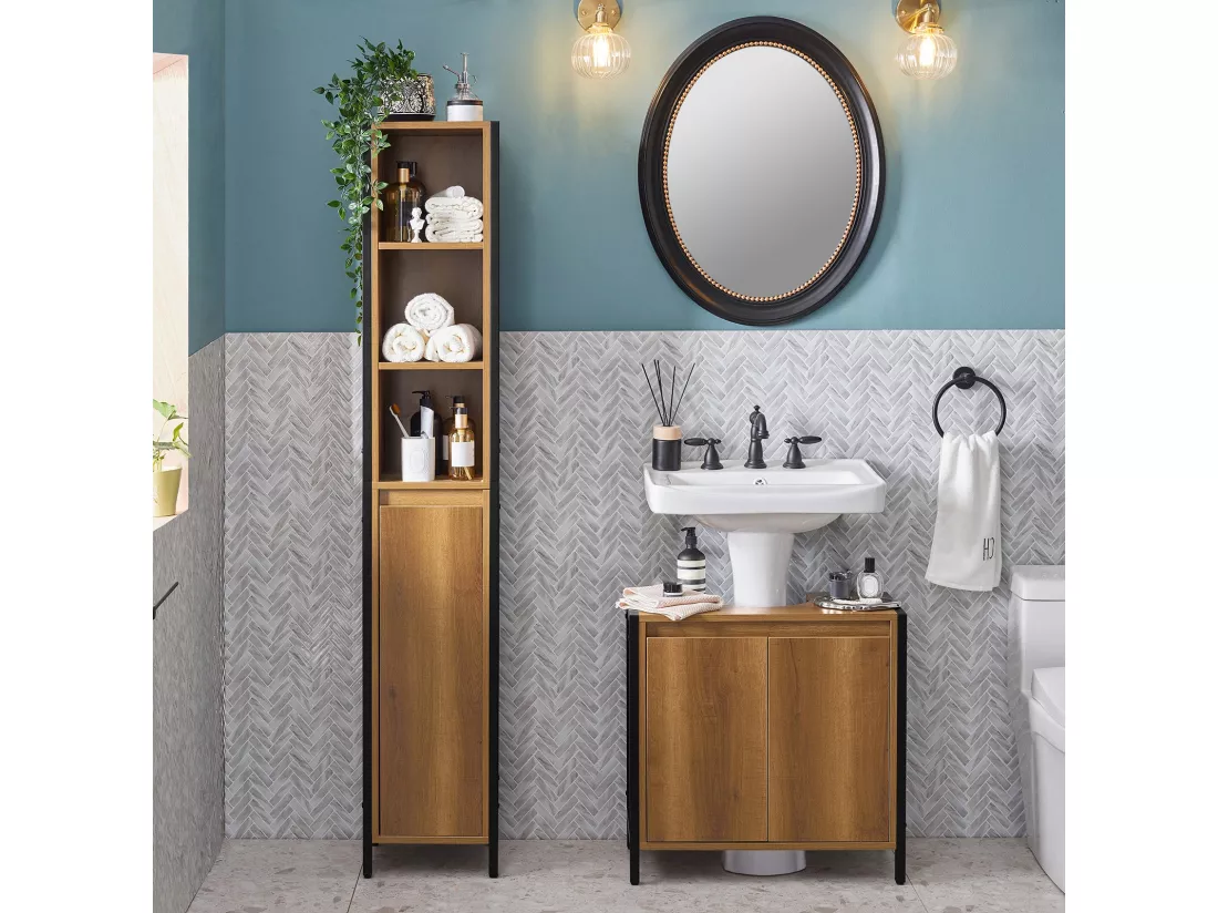 Meuble Colonne De Salle De Bain Avec 3 Niches, 1 Porte Et 3 Etagères Intérieurs, BZr62-pf