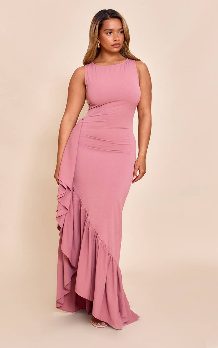 Rose Robe Maxi Moulante En Tissu Stretch À Encolure Bateau Avec Fente Latérale Et Volant