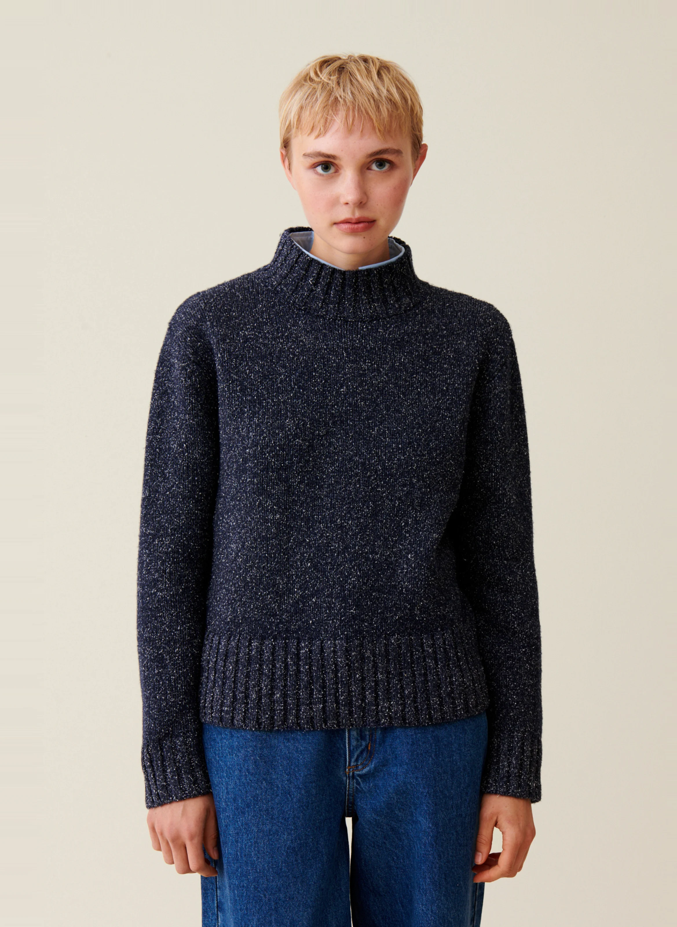 Pull col montant en laine et en soie mélangés | Bleu