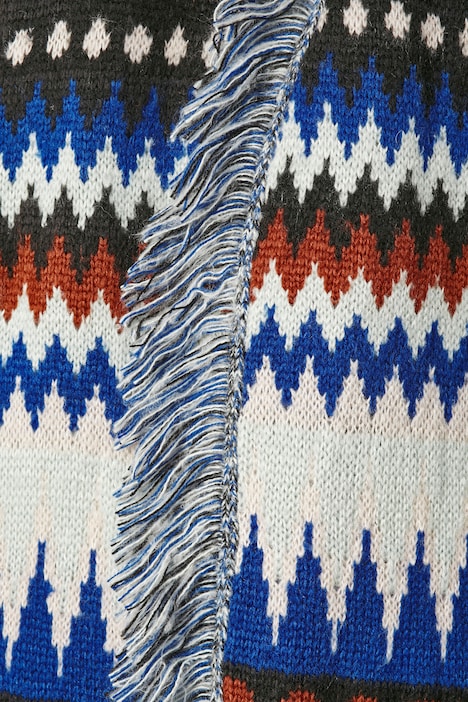 Long-Strickjacke, oversized, Zackenmuster, offene Form, Fransenkante