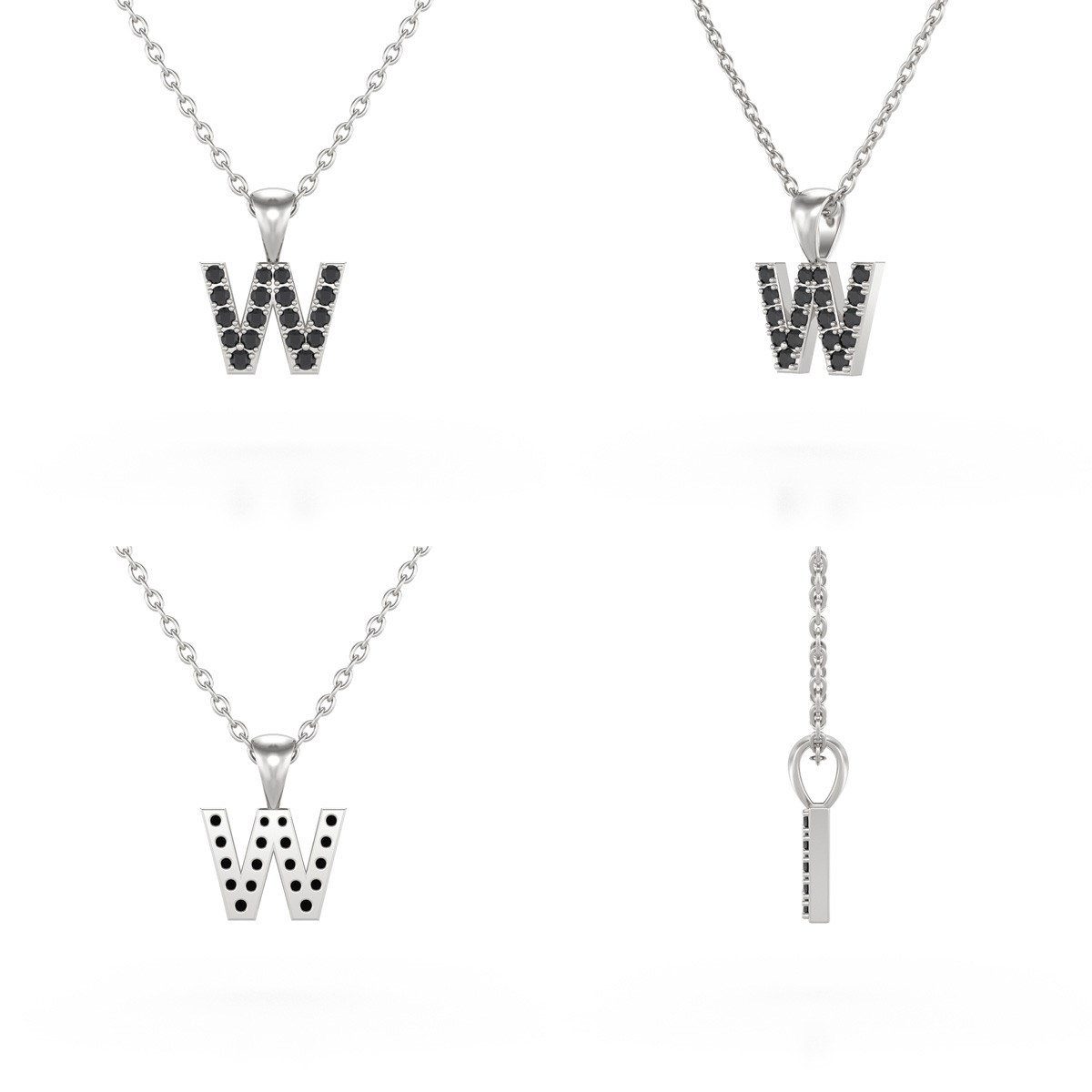 Collier Pendentif ADEN Lettre W Diamant Noir Chaine Argent 925 incluse 0.72grs
