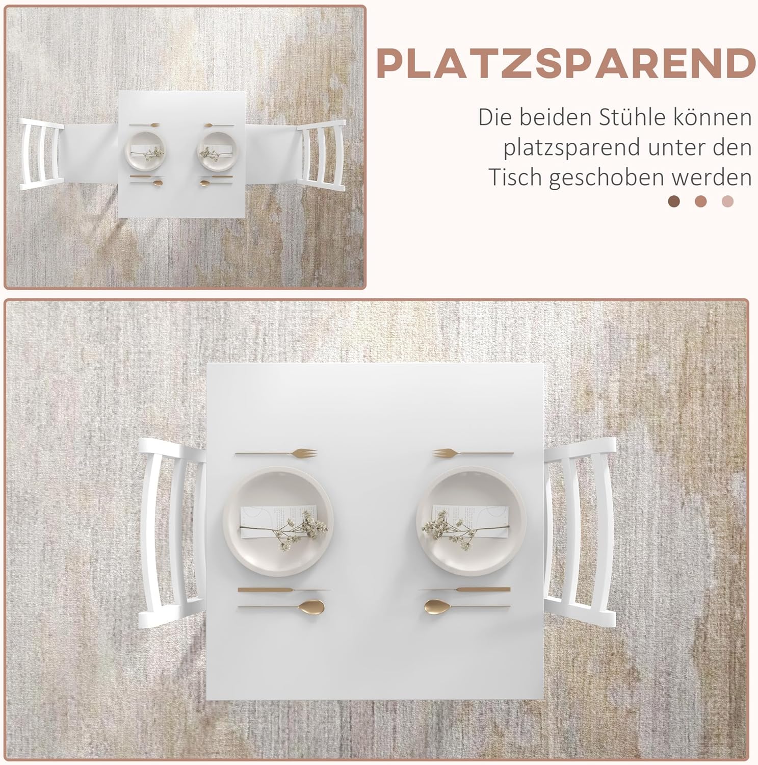 HOMCOM 3er-Set Essgruppe, Esstisch mit 2 Stühle, Esszimmergruppe für 2 Personen, Küchentisch-Set, Tischgruppe für Wohnzimmer, Küche, Platzsparend Weiß, Kiefernholz