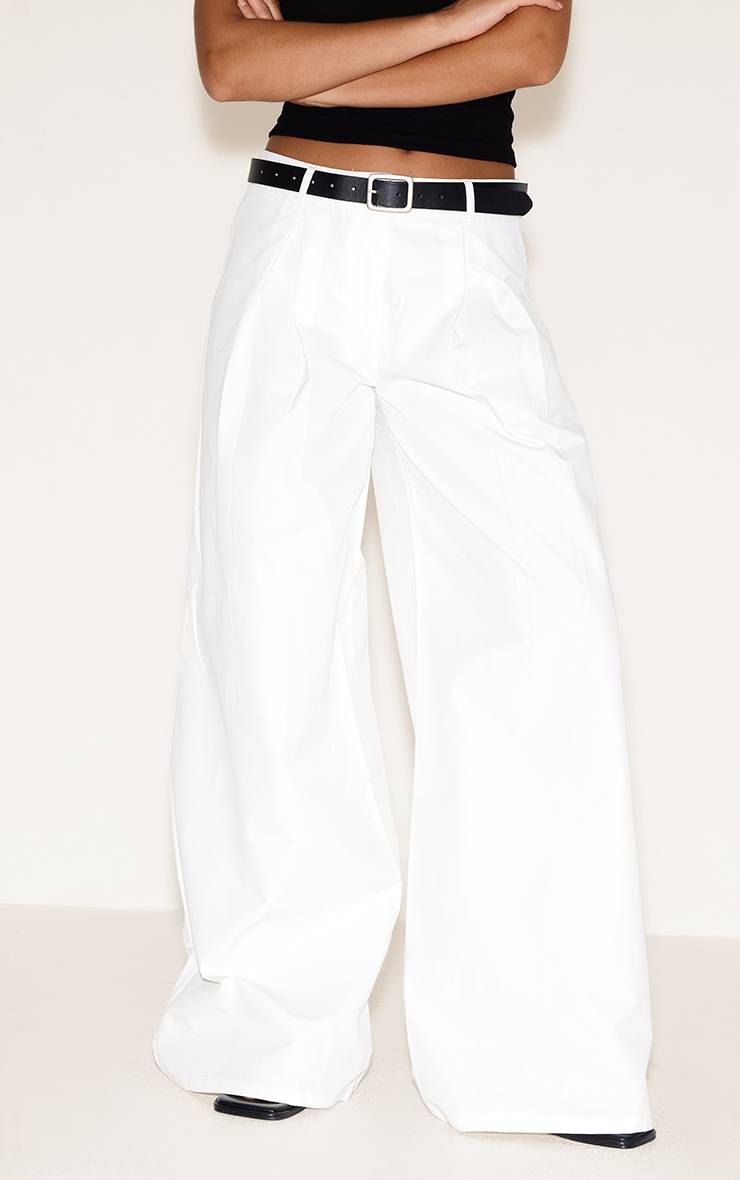 Crème Pantalon En Coton Léger À Jambes Ultra Larges Avec Ceinture