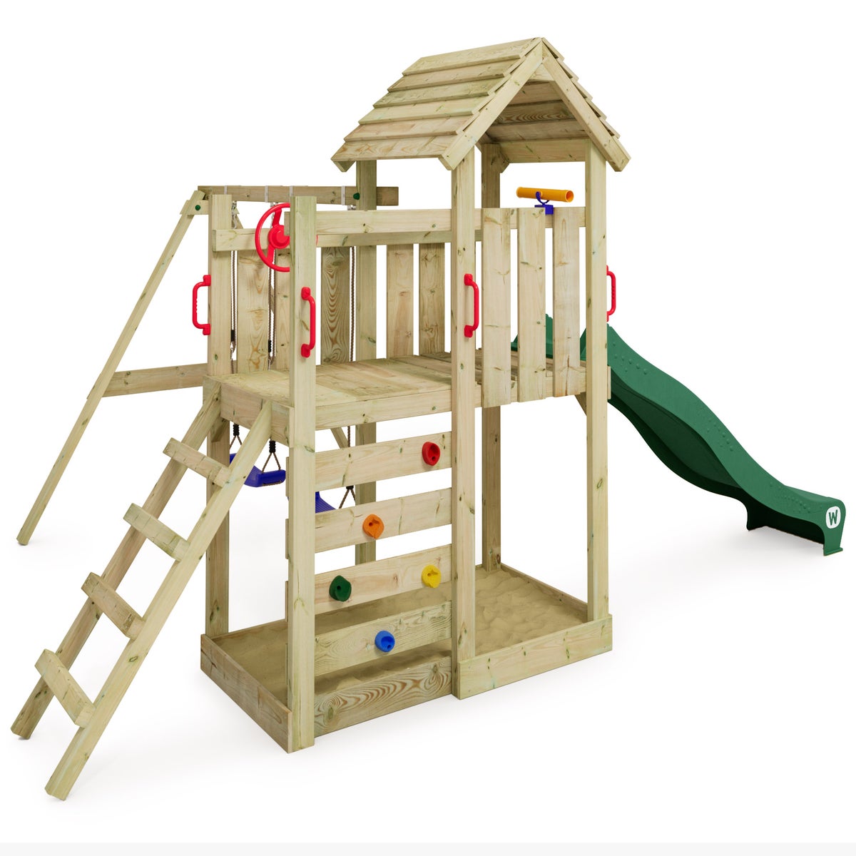WICKEY MultiFlyer Speeltoren Klimrek met Houten Dak, Schommel en Glijbaan, Klimtoren met Houten Dak, Zandbak, Ladder en Speelaccessoires - Groen