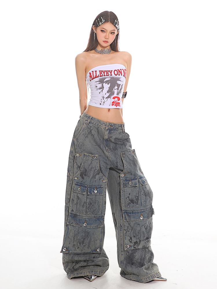 SPUCIKLEI - Lage taille patchwork gewassen wijde cargo jeans
