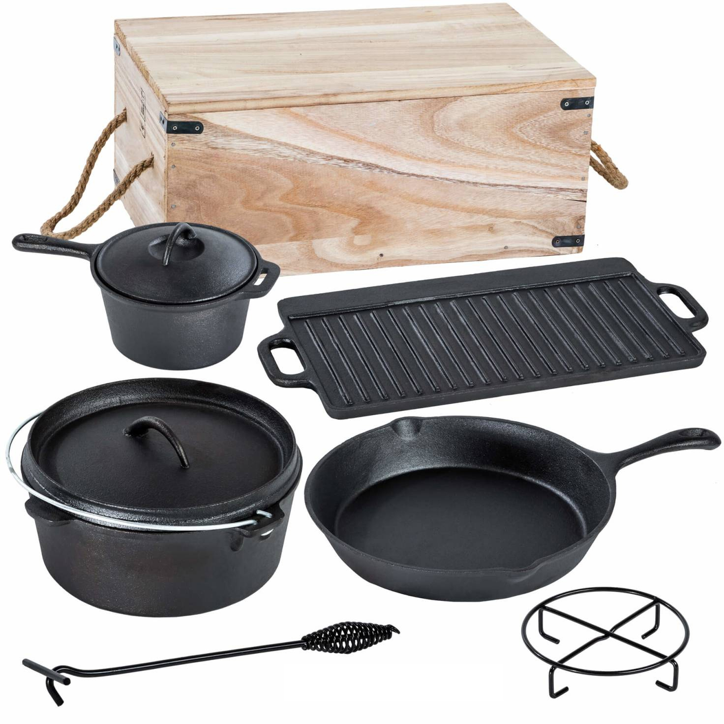 6-teiliges Gusseisen-Kochset DUTCH - mit Holzkiste