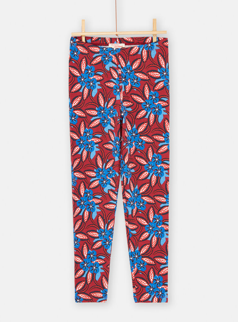 Legging bordeaux à imprimé fleur bleue pour fille