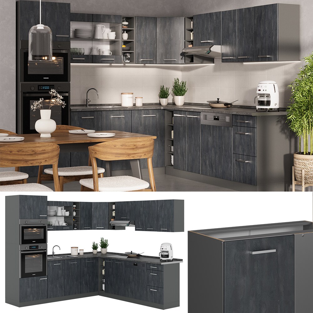 Vicco Eckküche R-Line 247x237 cm Schwarz Beton Anthrazit ohne Arbeitsplatte
