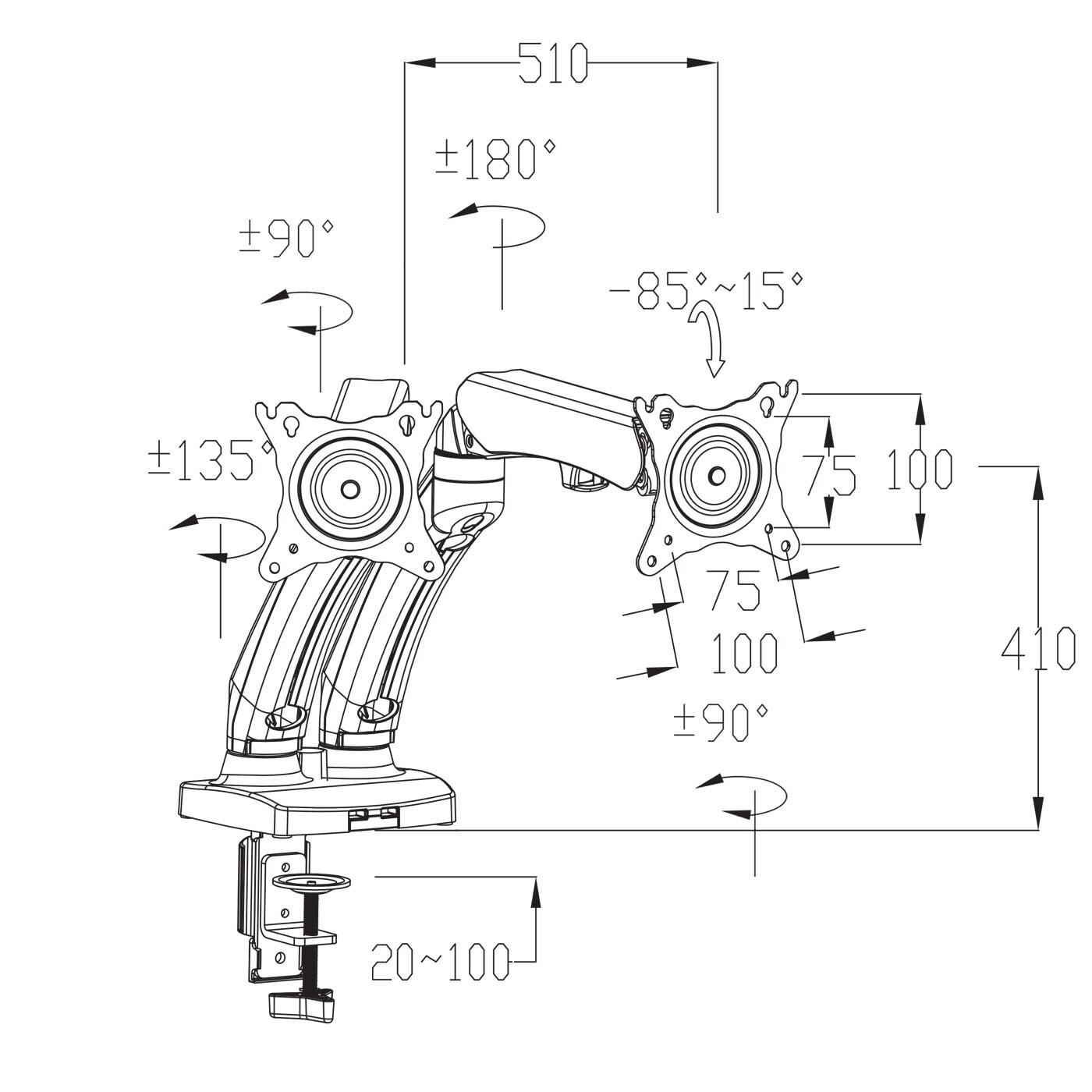 Monitorhalter MCW-D39, Halterung Tischhalterung, Klemme/Bohrungsmontage VESA bis 75x75/100x100mm bis 9kg je Arm ~ zweiarmig