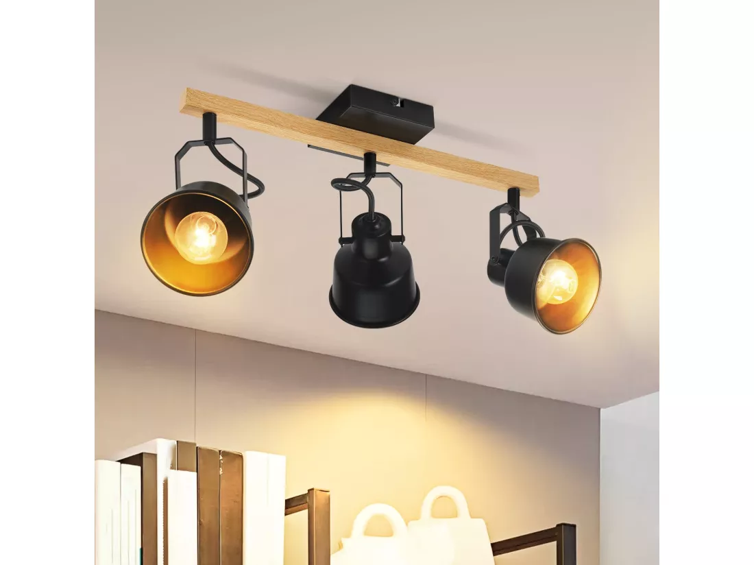 NETTLIFE Spot de Plafond 3 Flammes Orientable à 350° Vintage E14 de conception de haute qualité en bois veiné