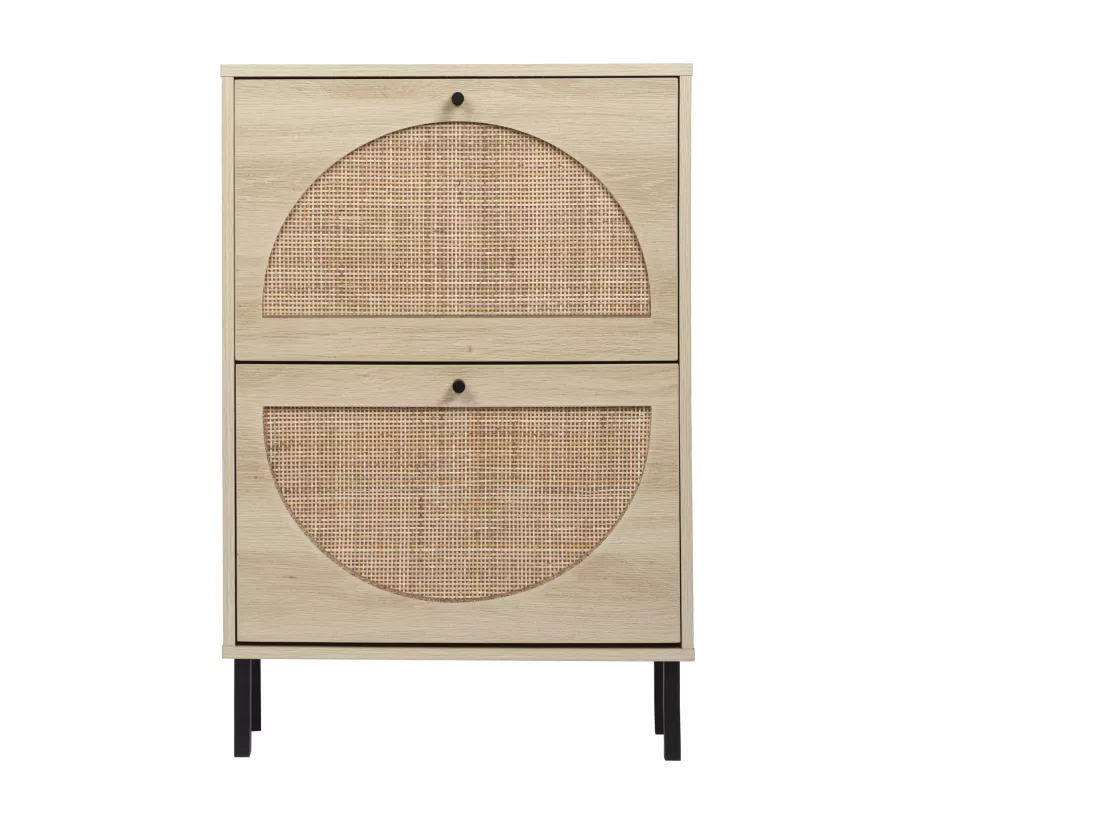 Meuble à Chaussures en Rattan Naturel, 2 Portes, Design Symétrique en Demi-Cercle, Étagères à Double Niveau, Stable et Sécurisé pour Toutes Pièces