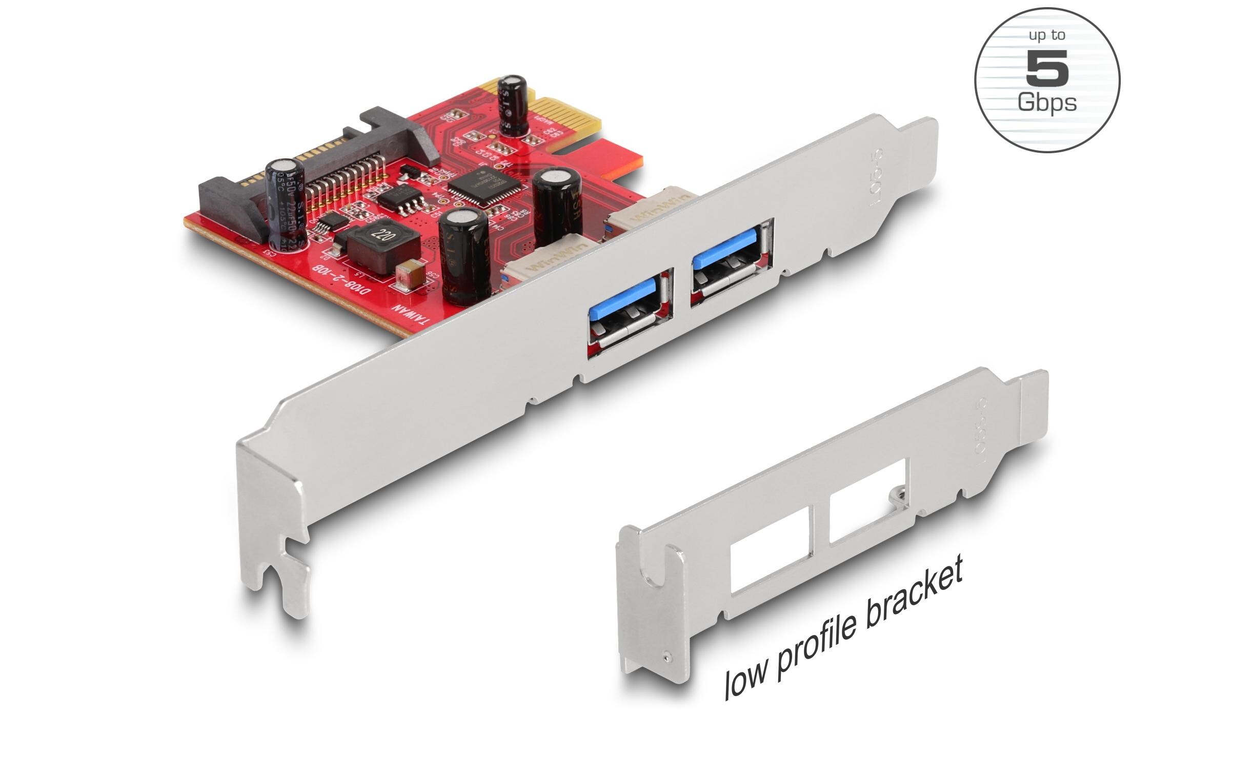 Express-Karte USB 5 Gbps Typ-A Buchse LPDelock PCI Express x1 Karte zu 2 x extern USB 5 Gbps Typ-A Buchse – Low Profile Formfaktor