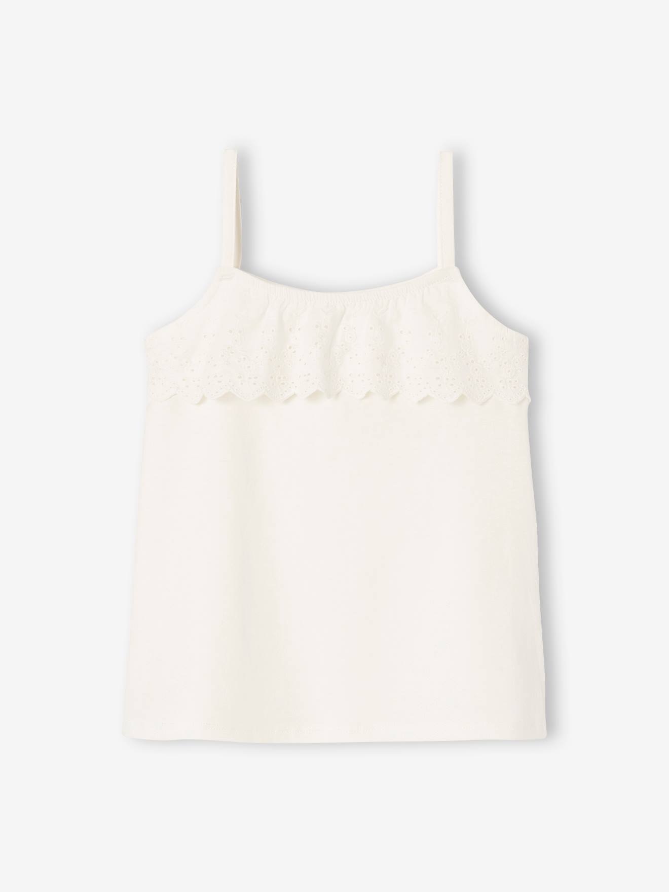 Camiseta sem mangas com babados e bordado inglês, para meninas, amarelo claro.