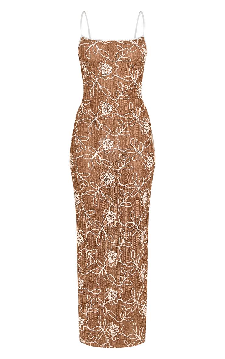 Marron Robe Longue Moulante À Bretelles Et Texture Florale