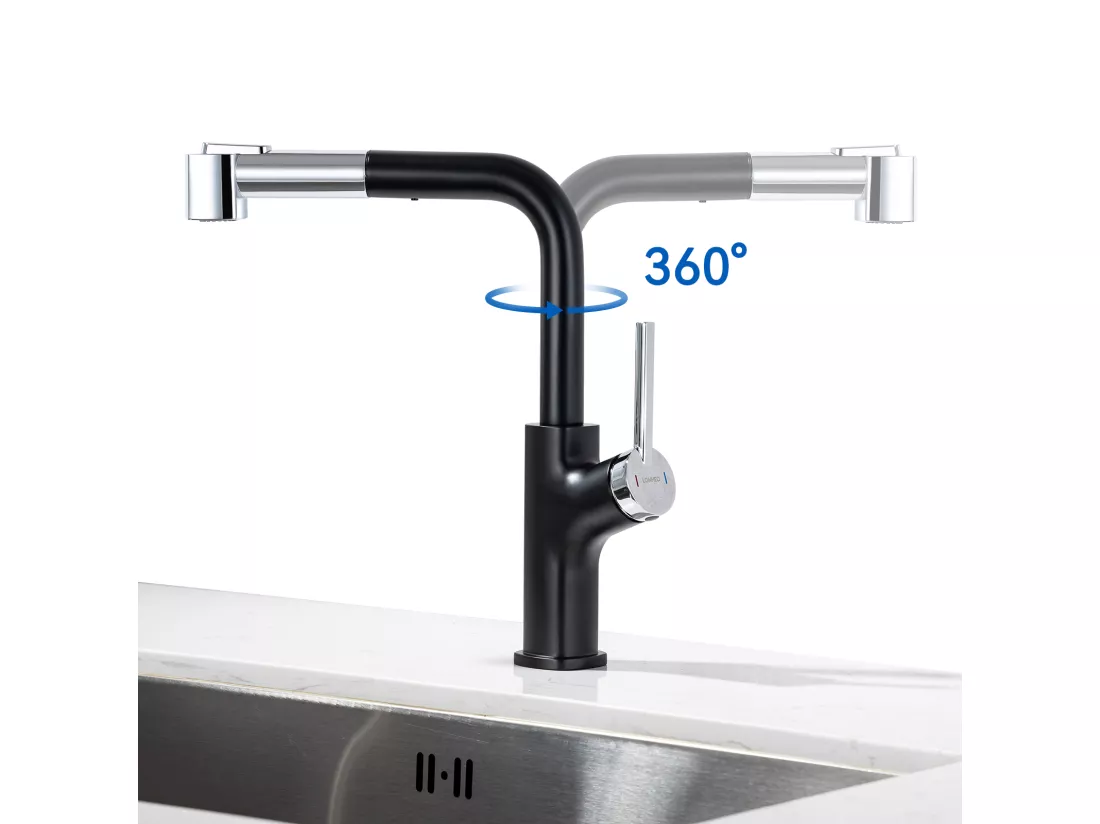 2pcs Robinet de Cuisine Noir avec Douchette Extractible 40 cm Mitigeur Cuisine Rotatif à 360 ° Robinet d'Évier 2 Fonctions Barboteur Démotable