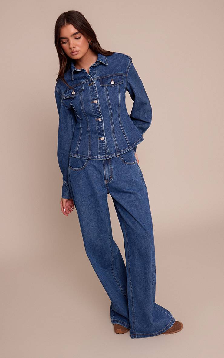 Bleu Foncé Jean Large Taille Mi-haute