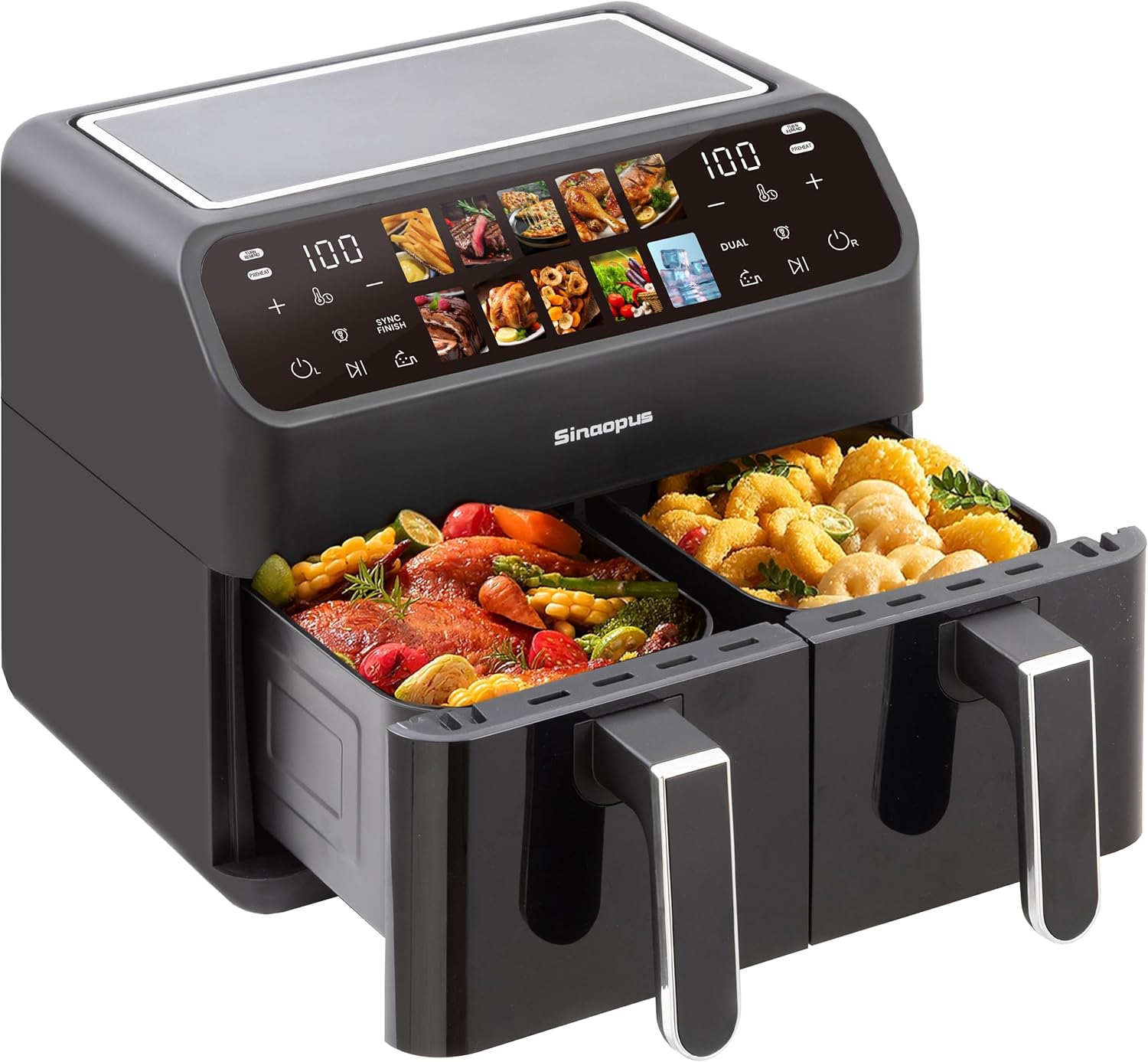 Heißluftfritteuse Airfryer, Dual Zone Heißluftfritteuse 9L – Doppelkammer XXL 2000 W, LED-Touchscreen, 10 Programme, Friteuse Heissluft ohne Öl, Airfryer mit 2 Körben(9L-901A)