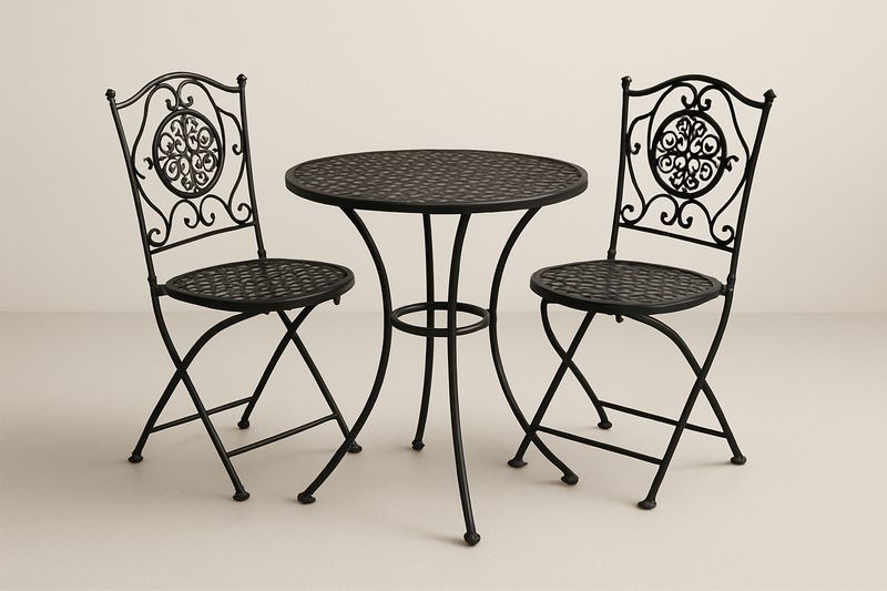 Stahl-Café-Set für den Garten, 3-teilig, Schwarz, runder Tisch ø 60 cm