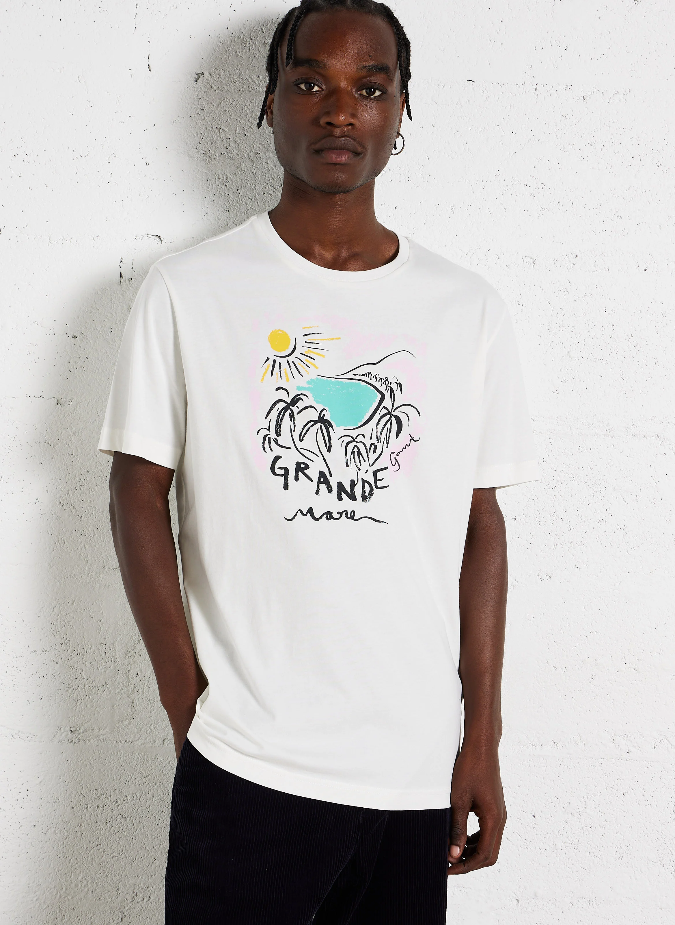 Tee-shirt droit col rond en coton imprimé | Beige