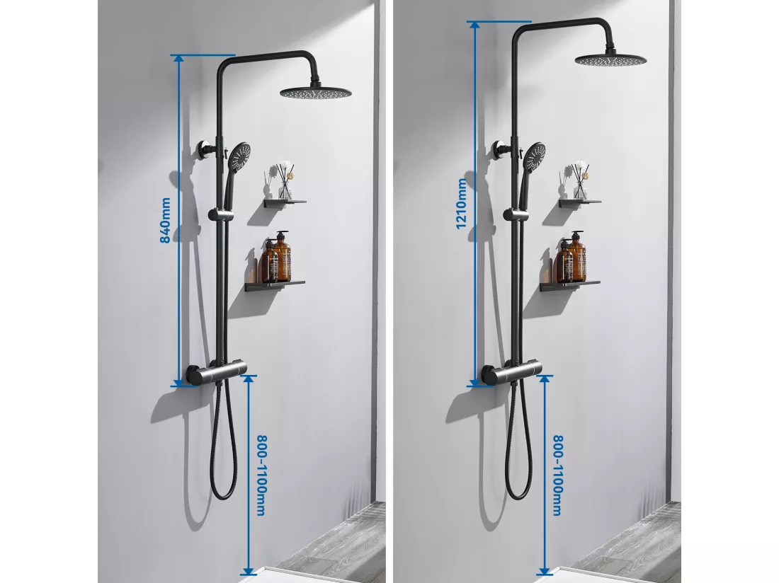 Colonne Douche Thermostatique Noir avec Mitigeur,Systeme Douche Thermostatique 38°C,Réglable Hauteur avec Douchette 3 Jets et Pluie 22.5mm