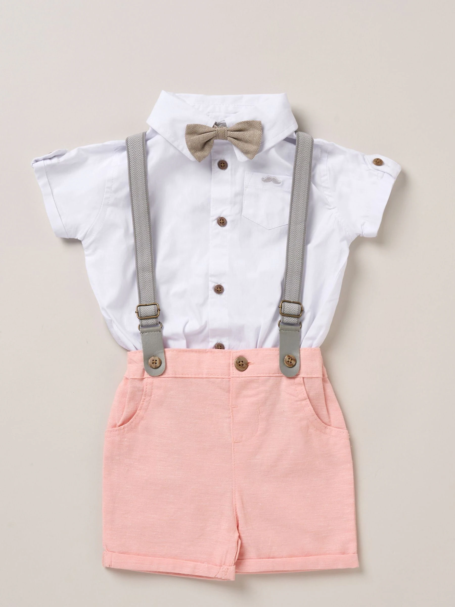 Roze - Little Gent bodysuit-overhemd, korte broek en bretels outfitset