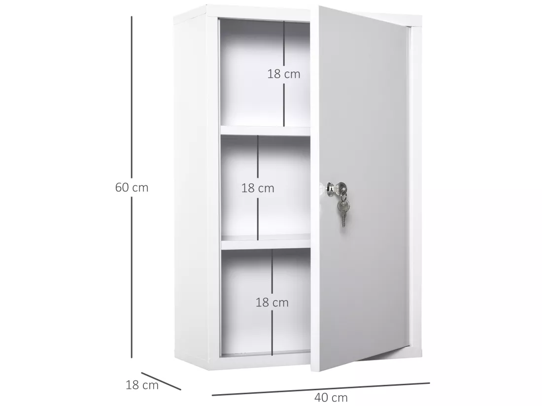 Armoire à pharmacie 2 étagères 3 niveaux verrouillable dim. 40L x 18l x 60H cm 2 clés métal blanc