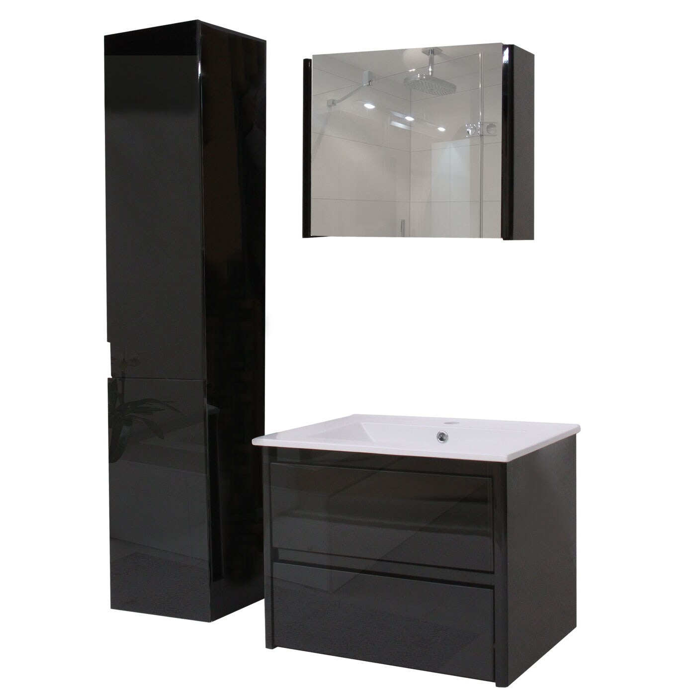 Badezimmerset MCW-B19, Waschtisch Spiegelschrank Hängeschrank, hochglanz ~ schwarz