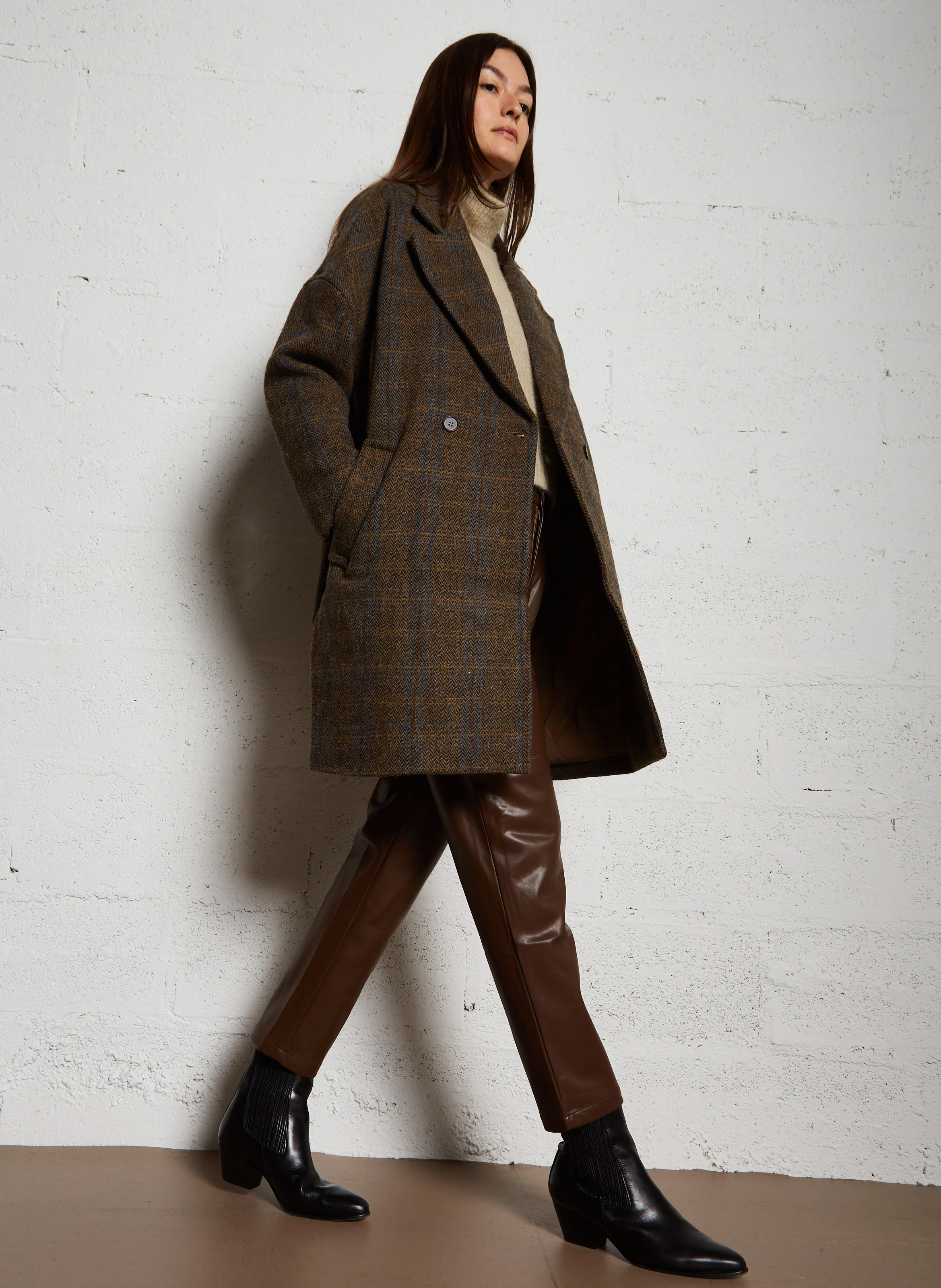Manteau ample à carreaux en laine | Gris