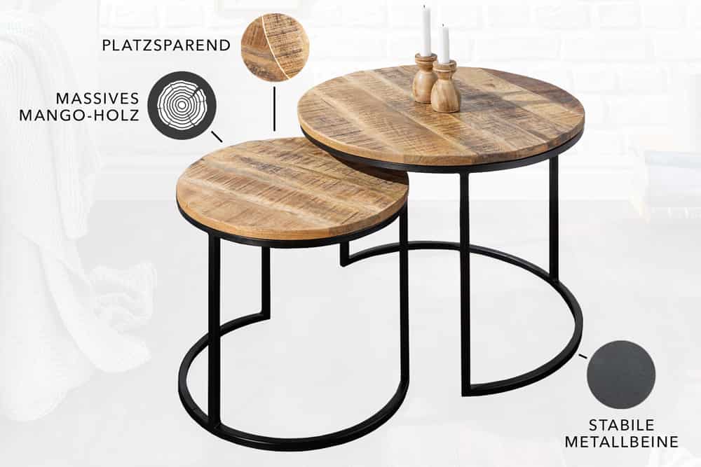 Industrial 2er Set Beistelltische ELEMENTS 60cm Mangoholz massiv rund schwarzes Metallgestell