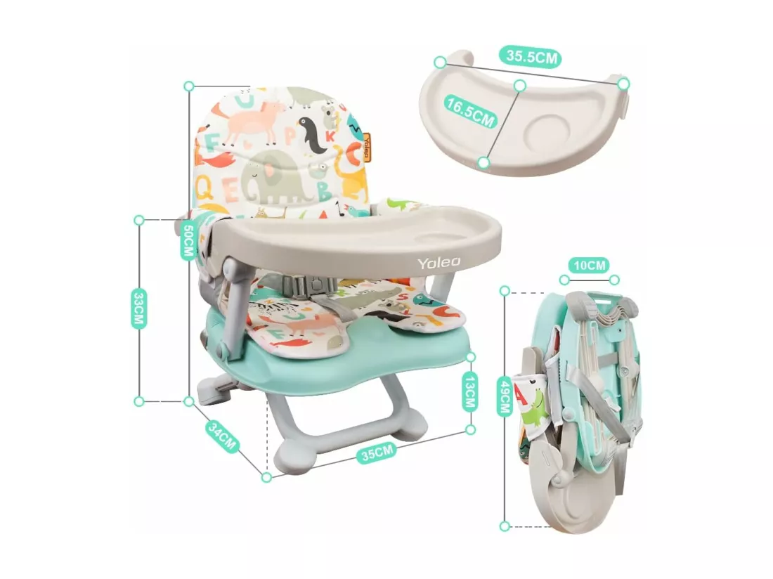 YOLEO Réhausseur Chaise Enfant Pliable,Chaise Haute Bébé Portable,Bébé Chaise repas en Hauteur Réglable,Plateau Amovible,6 mois à 3 ans,Vert avec Coussin