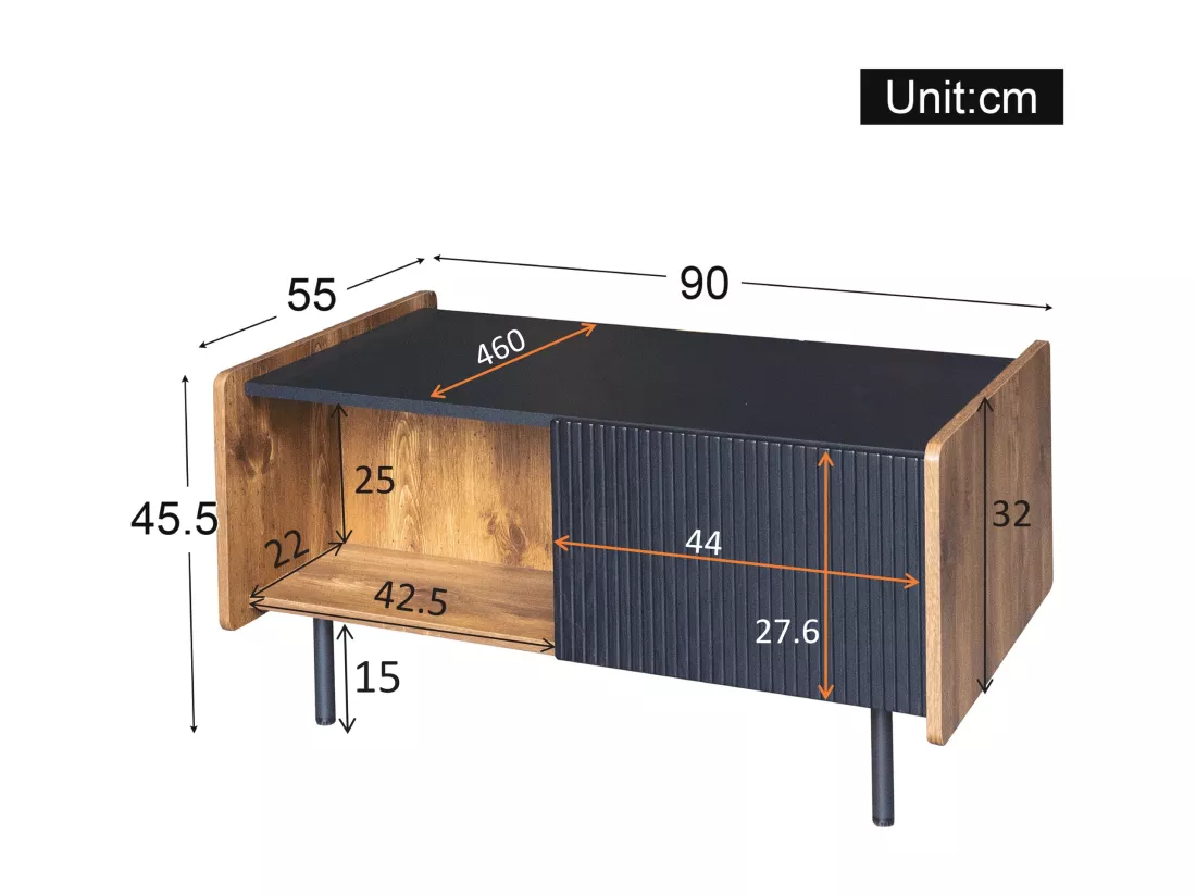 Table basse avec 2 portes et 2 compartiments ouverts - 90 x 55 x 45.5 cm - Panneaux de particules et MDF - Noir et bois