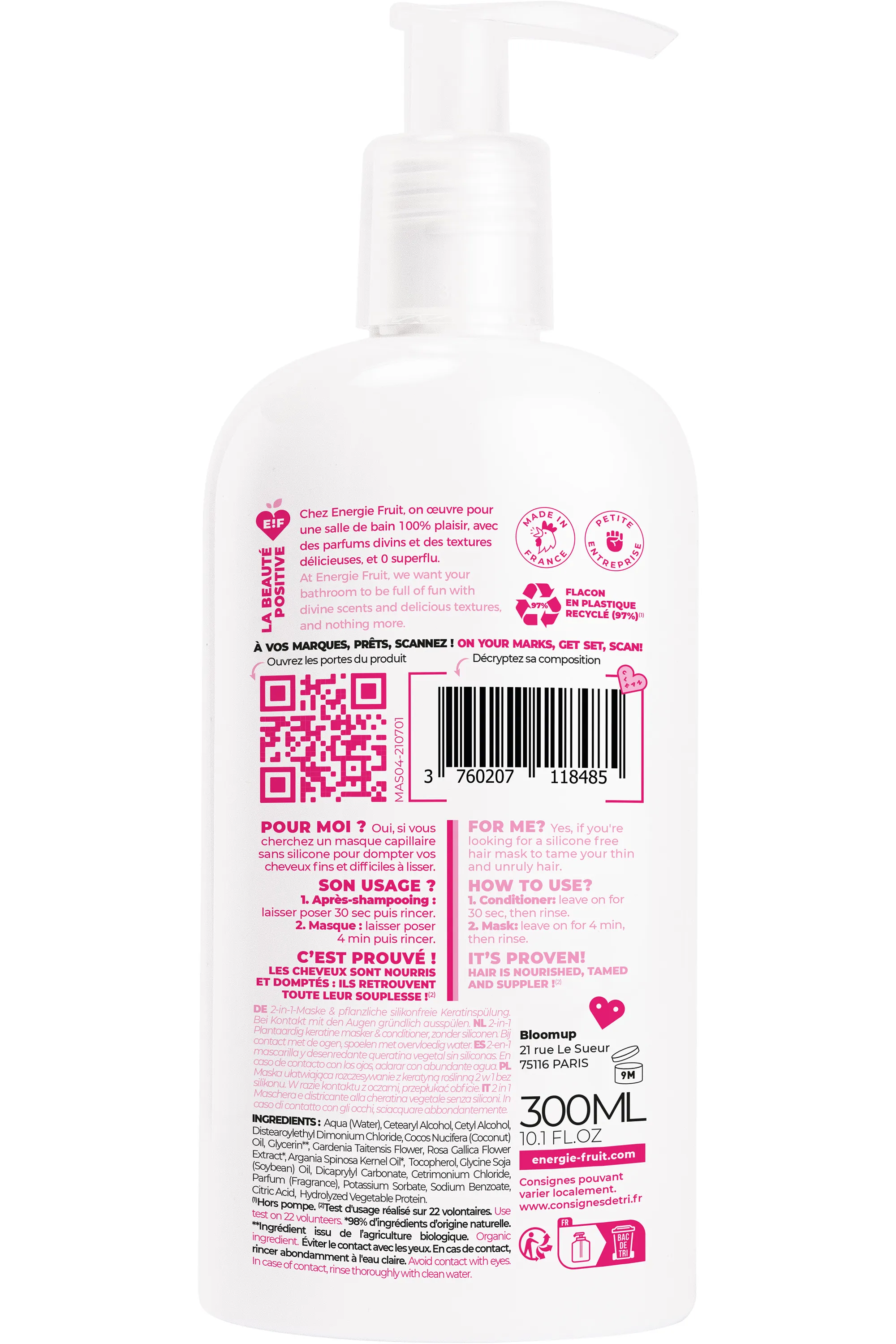 Energie Fruit Masque cheveux 2-en 1 au monoï rose et argan bio-300 ml
