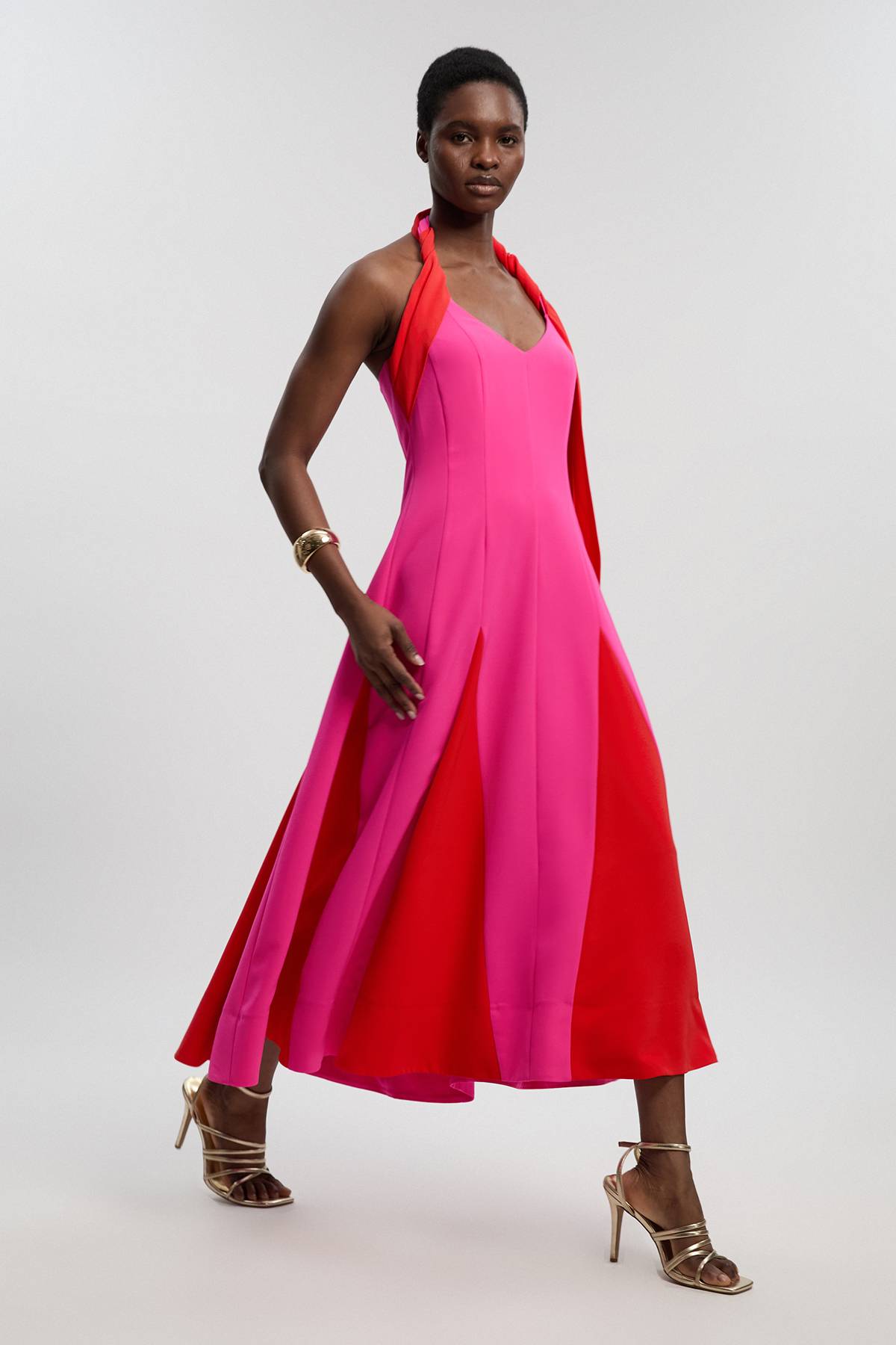 KarenMillen Robe Maxi Col Halter À Détails Color Block Tailleur Souple Petite