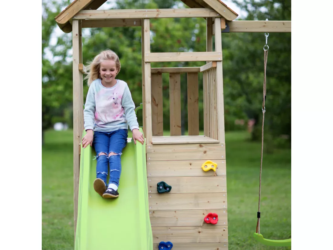KANGUI Aire de jeux portique en bois WOODI - Double balançoire, toboggan, mur d'escalade, bac a sable, table pique nique, cabane, échelle
