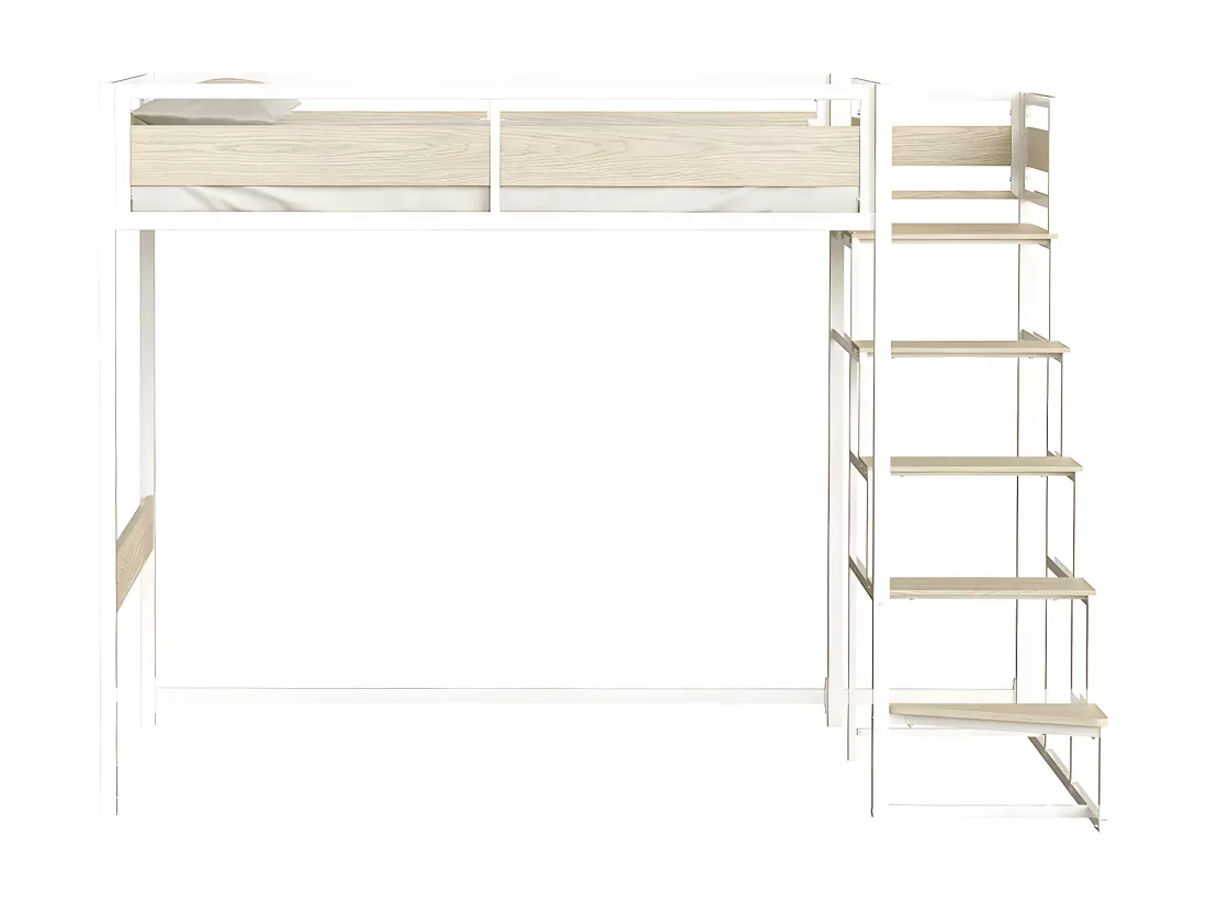 Lit mezzanine avec sommier et escalier en métal finition epoxy blanche et mélamine imitation chêne - grand couchage 140 x 190 cm - MONTANA