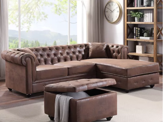 Canapé d'angle chesterfield réversible TOLEDO en microfibre vieillie - Marron