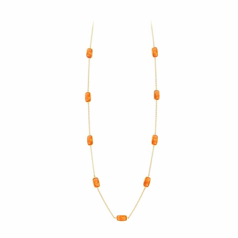 Collier Argent Sautoir Dore Galets Pierres Orange